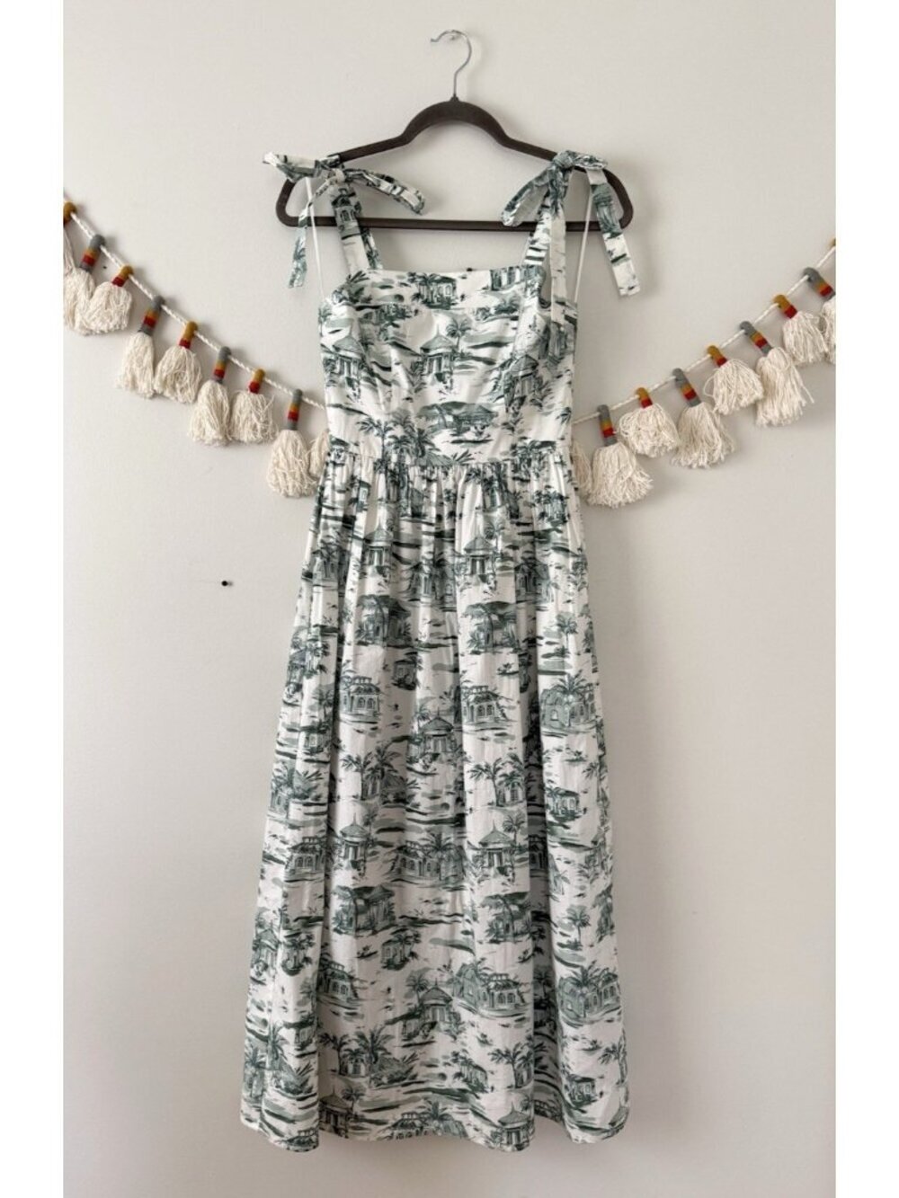 Rachel Zoe Toile Scenic Print Smock Bow Straps Maxi Dress Cottage Romantic Green